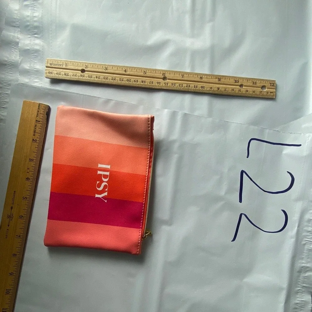 IPSY Makeup Bag Pouch‎ Striped Pink Orange Coral Zipper Cosmetic Travel